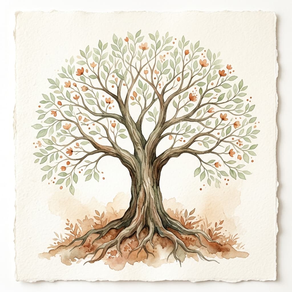 Ilustración artística del árbol del sentido y flores